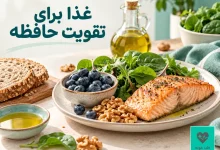 بشقاب ماهی سالمون، گردو، سبزی برگ‌سبز و زغال‌اخته در مقاله غذا برای تقویت حافظه
