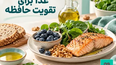 بشقاب ماهی سالمون، گردو، سبزی برگ‌سبز و زغال‌اخته در مقاله غذا برای تقویت حافظه