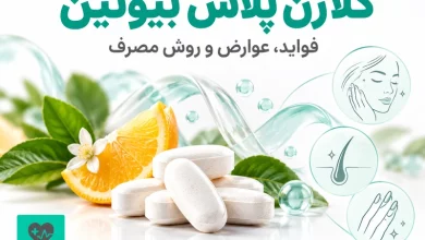 کلاژن پلاس بیوتین؛ قرص‌های مکمل در کنار نماد پوست، مو و ناخن