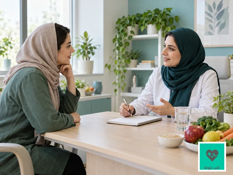 گفتوگوی فرد بزرگسال با متخصص تغذیه درباره برنامه غذایی و علائم اندومتریوز