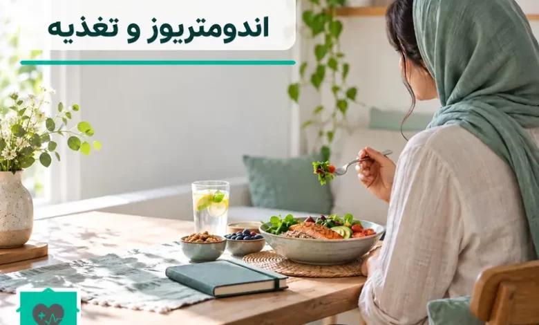 تصویر شاخص اندومتریوز و تغذیه با عنوان فارسی خوانا و لوگوی طب خونه