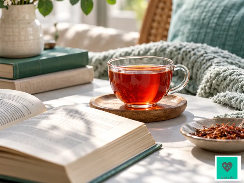 فنجان دمنوش رویبوس کنار کتاب در فضای روشن و آرام