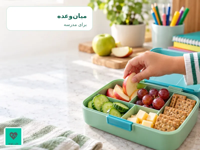 جعبه غذای مدرسه شامل میوه، خیار، پنیر و نان سبوسدار