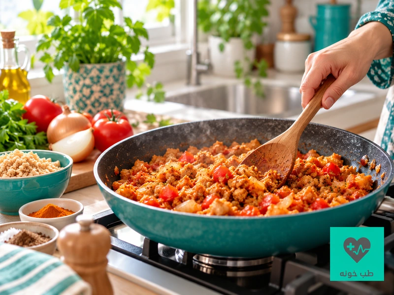 آمادهسازی خوراک سویای بافتدار با گوجه و پیاز