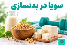 سویا در بدنسازی؛ دانه سویا، توفو و شیر سویا در کنار وسایل ورزشی