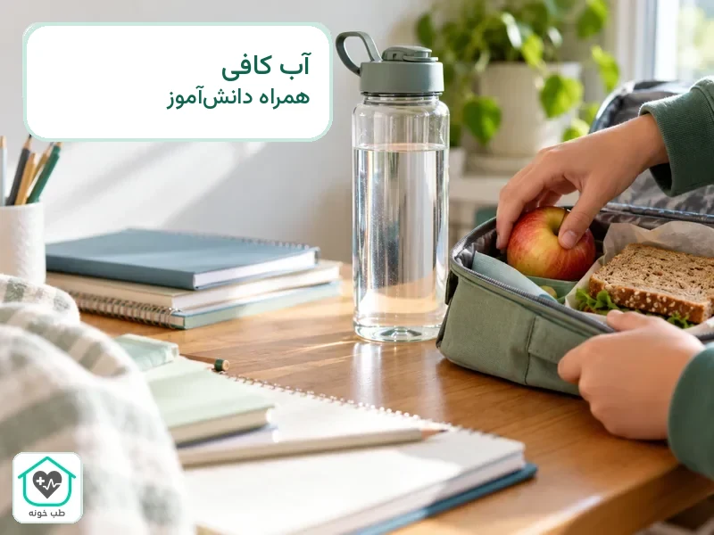 بطری آب کنار کیف و خوراکی ساده دانش‌آموز برای روز مدرسه