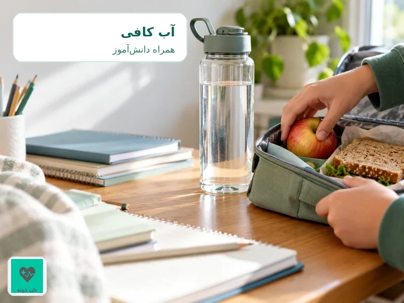 بطری آب کنار کیف و خوراکی ساده دانشآموز برای روز مدرسه