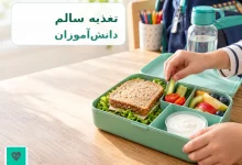 دانش‌آموز در حال آماده‌کردن جعبه غذای سالم شامل نان سبوس‌دار، میوه، سبزی و ماست