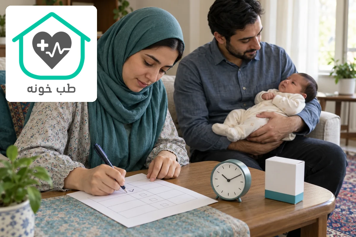 تصویرسازی با هوش مصنوعی: تنظیم برنامه مراقبت روزانه نوزاد کنار ساعت و بسته بدون نشان دارو