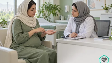 تصویر آموزشی ساخته‌شده با هوش مصنوعی از گفت‌وگوی زن باردار با پزشک درباره خارش کف دست در کلستاز بارداری
