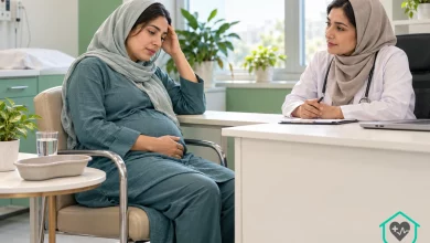 تصویر آموزشی ساخته‌شده با هوش مصنوعی از گفت‌وگوی پزشک و زن باردار درباره استفراغ شدید بارداری