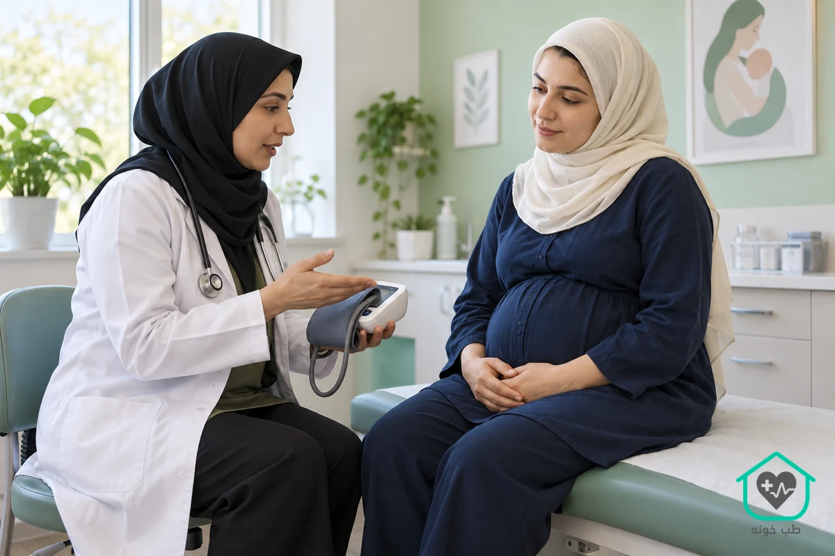 تصویر آموزشی ساخته‌شده با هوش مصنوعی از توضیح پایش فشار خون در مراقبت از زن باردار