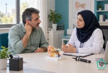تصویر آموزشی ساخته‌شده با هوش مصنوعی از گفت‌وگوی پزشک و بزرگسال فرضی درباره جرم گوش و احساس گرفتگی