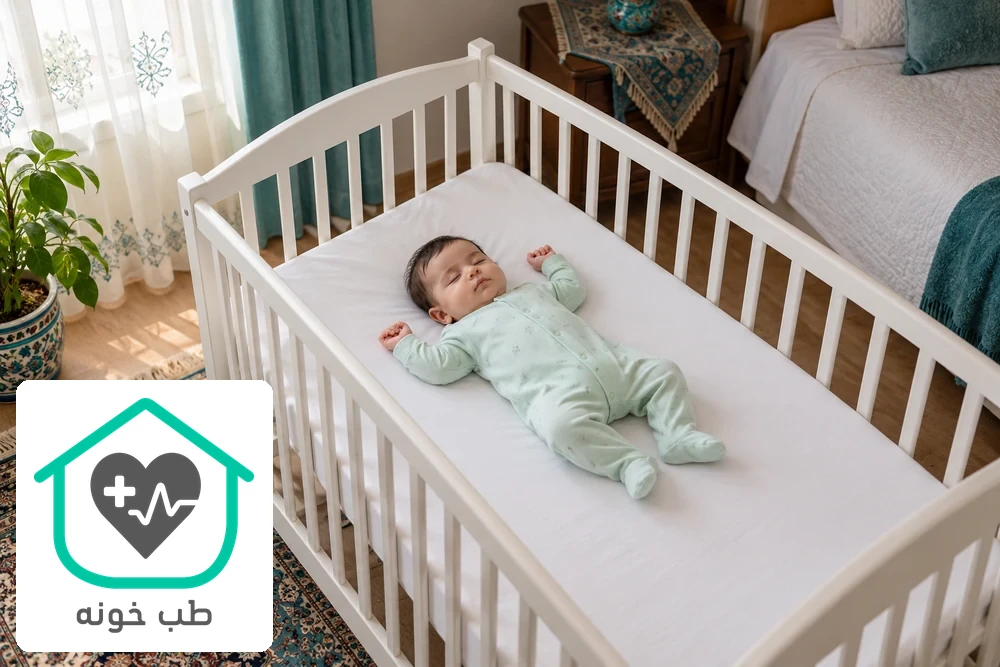 تصویرسازی با هوش مصنوعی از خواب نوزاد پوشیده به پشت در تخت خالی و مستقل؛ خواب ایمن نوزاد