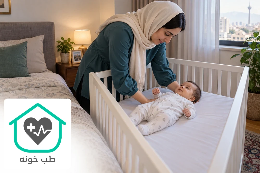 تصویرسازی با هوش مصنوعی از قرار دادن نوزاد پوشیده به پشت در تخت خالی
