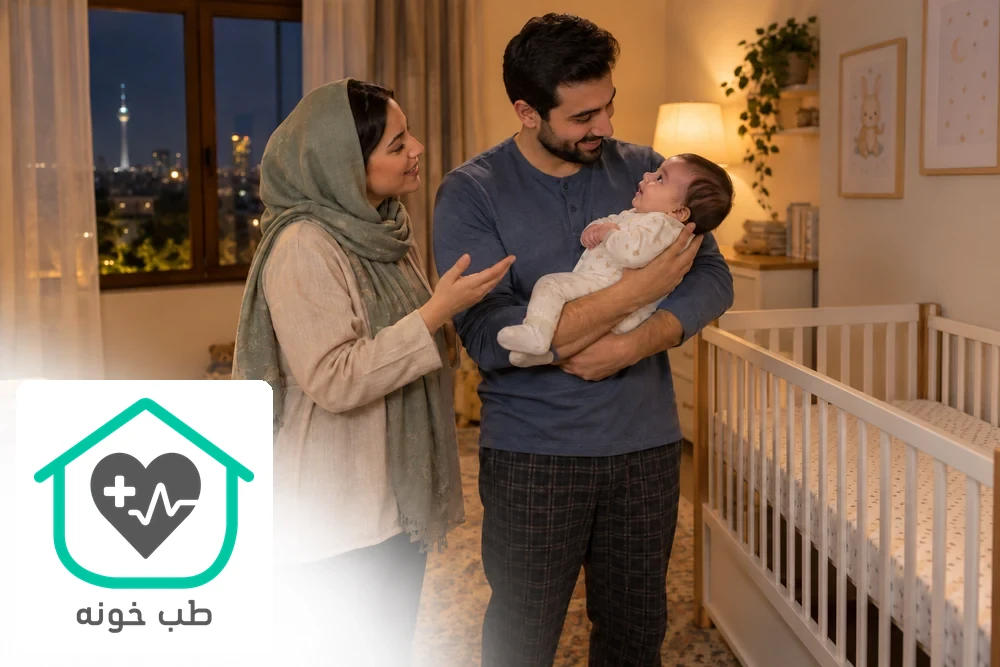 تصویرسازی با هوش مصنوعی از تحویل نوزاد پوشیده میان والدین بیدار برای مراقبت شبانه