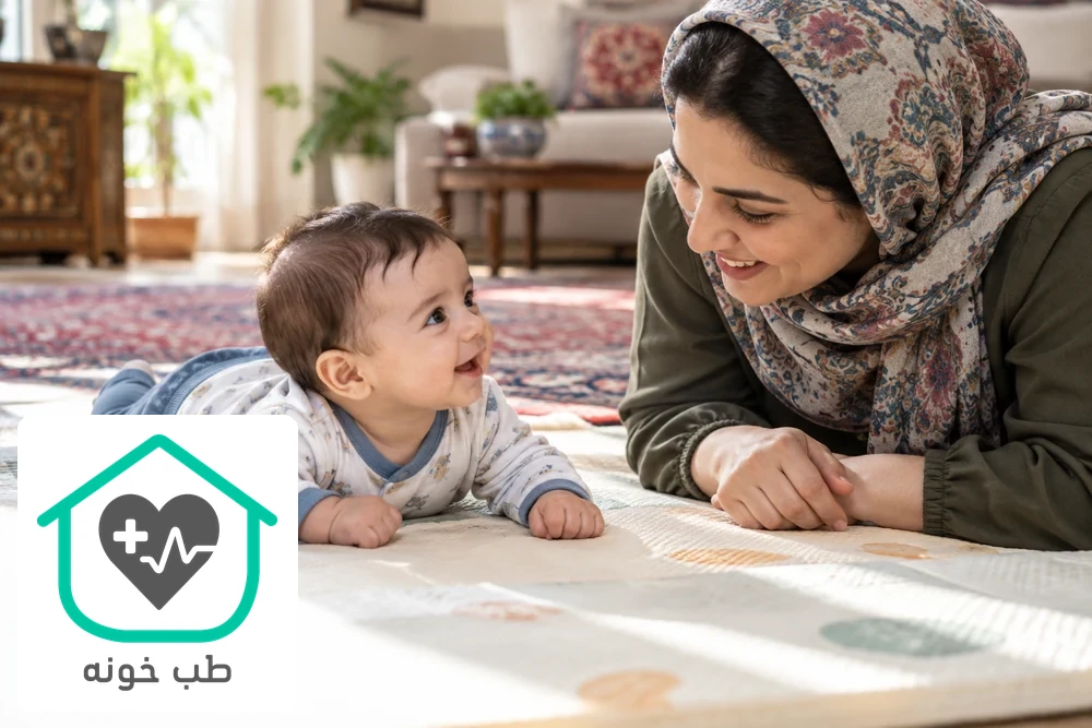 تصویرسازی با هوش مصنوعی از بازی روی شکم نوزاد بیدار با نظارت والد