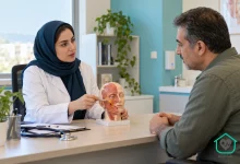 تصویر آموزشی ساخته‌شده با هوش مصنوعی از گفت‌وگوی پزشک و بزرگسال فرضی درباره فلج بل و مدل شماتیک صورت
