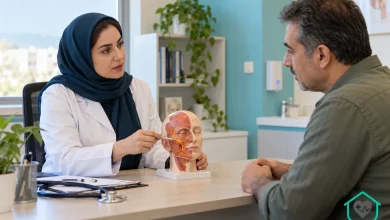 تصویر آموزشی ساخته‌شده با هوش مصنوعی از گفت‌وگوی پزشک و بزرگسال فرضی درباره فلج بل و مدل شماتیک صورت