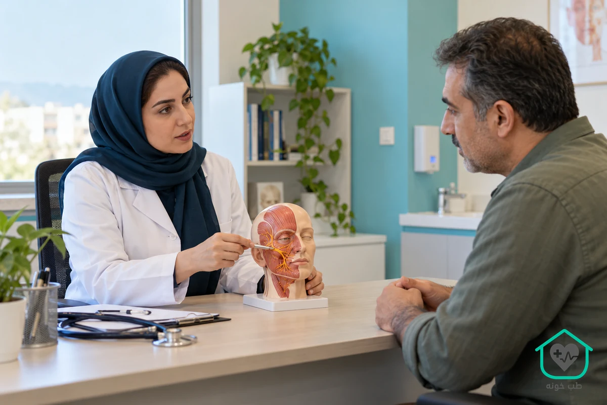 تصویر آموزشی ساختهشده با هوش مصنوعی از گفتوگوی پزشک و بزرگسال فرضی درباره فلج بل و مدل شماتیک صورت