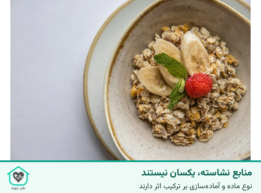 جو دوسر، برش‌های موز و میوه؛ مقدار نشاسته مقاوم یا نارس‌بودن موز از عکس تعیین نمی‌شود.