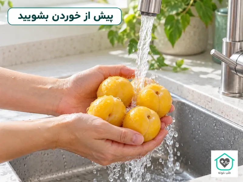 شستن آلوهای زرد تازه زیر آب روان پیش از مصرف